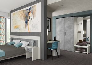 Art. 30890 Ancona dormitorio de hotel, Mobiliario completo para habitaciones de hotel, con estilo moderno y esencial.