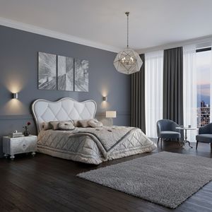 Art. 476, Cama con cabecera acolchada refinada y madera con acabado en pan de plata