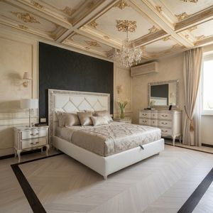 Art. 843 S, Cama elegante con cabecera acolchada y estructura decorativa.