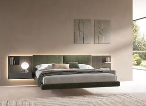 BRENDA, Cama tapizada, con cabecero modular de madera.