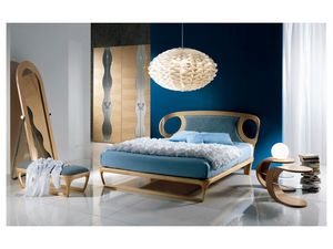 LE15 Iride, Cama de madera con incrustaciones, cabecera tapizada, para los dormitorios