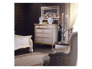 Art. 2001 chest of drawers, Cómoda clásica, acabado en blanco en la hoja de oro, para villas de lujo