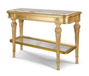 Consola 25-1054, Lujosa consola de madera en acabado dorado, con tapa de m�rmol.