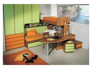 Kids Bedroom 3, Dormitorio Kid con cama de matrimonio, escritorio incluido en la estructura de litera, acabado en verde y naranja