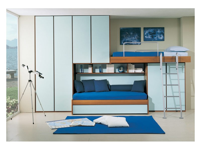 Kids Bedroom 4, Dormitorio con la segunda cama extraíble, armario a puente, color azul claro