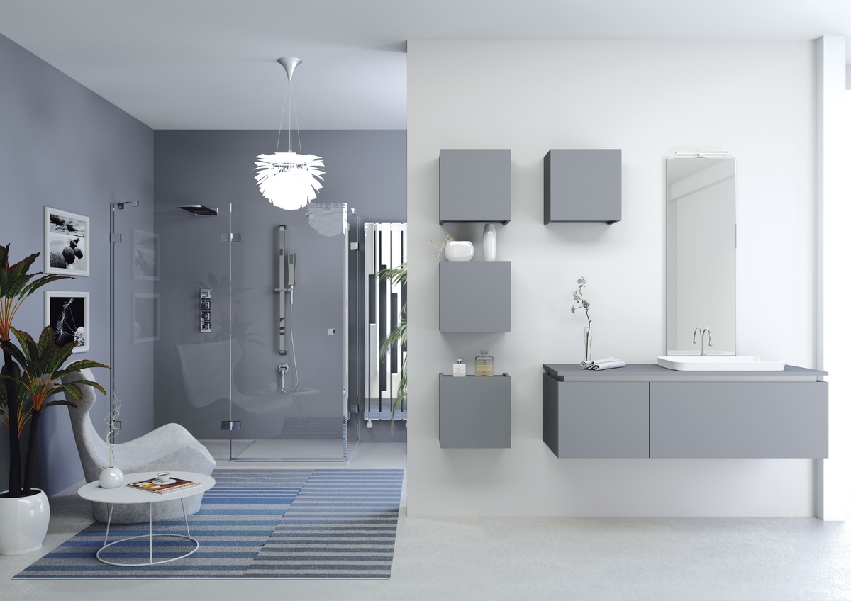 Composición para baño, con muebles de pared