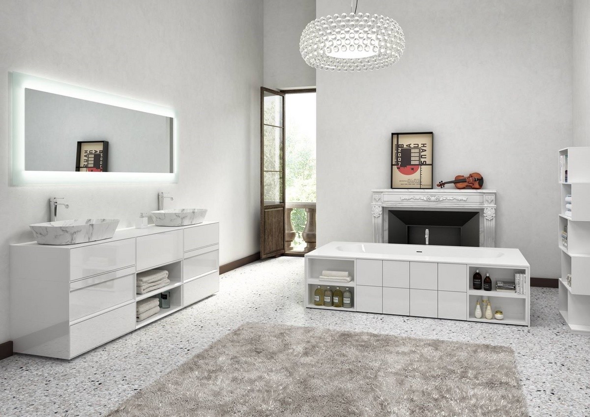 Mueble de baño, con acabado satinado blanco, lavabo de mármol