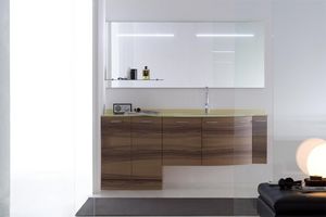 Up & Down 03, Mueble de bao grande, en madera de nogal, con lavabo superior e integrada en el vidrio