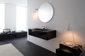 Yumi 04, Mueble de bao con lavabo de cristal, acabado en negro brillante