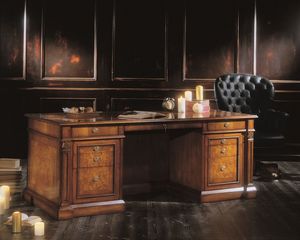3516, 8 cajones escritorio, tapa de madera, chapados en madera de nogal y burl de cenizas, para ambientes de estilo clsico