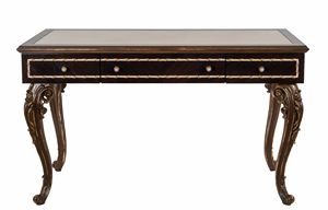 Escritorio 25-1024, Elegante escritorio de madera, con inserto de cuero