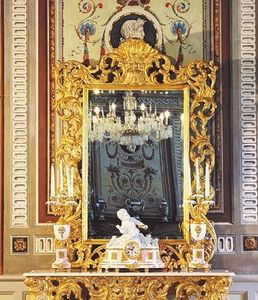 Opera espejo, Espejo de lujo para habitaciones clásicas, marco en madera tallada a mano, con acabado en oro antiguo