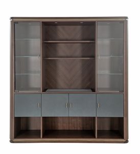 Estanteria 2025-12, Elegante estantera en canaletto nogal, con insertos de cuero