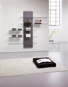 Slide bookcase, Biblioteca de metal y laminado, con estantes de cristal