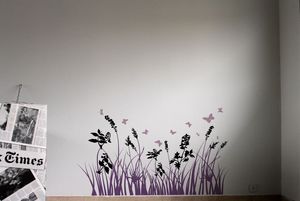 COLORFUL GRASS Black-Pink-Purple, Etiqueta de la pared con la hierba, las flores y las liblulas