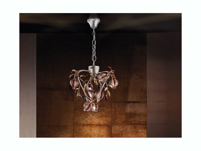 Ametista hanging lamp, Acabado color platino Chandelier, vidrio soplado crujido