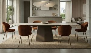 Zenit, Mesa extensible con escultural base de metal y tapa de cer�mica.