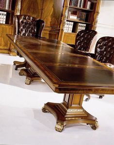 1069, Fijo mesa de conferencias rectangular, con parte superior de cuero, 2 pedestales chapados en madera de nogal y fresno, para ambientes de estilo clsico