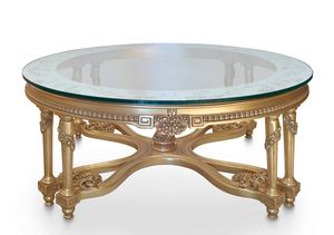 Ginepro, Mesa de centro en madera maciza de pan de oro, con tallas, tapa de cristal.