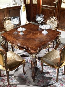Vittoria mesa cuadrada, Mesa cuadrada en madera tallada, para salones ricos