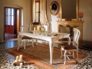 MALENE table 8124T, Mesa de estilo Gustavo, estructura de madera y tapa de cristal