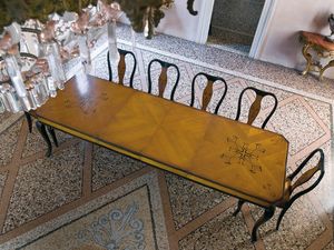 QUEEN ANNE table, Mesa rectangular de comedor, con incrustaciones de madera