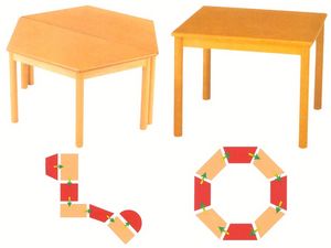 Tavolo componibile, Mesas modulares, hechas de madera de haya, para el jardín de infantes y la escuela