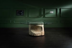 Login, Mesa con base de tronco de rbol, tapa de cristal