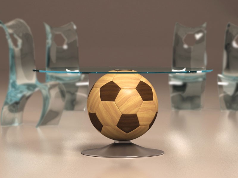 Mundial, Mesa de centro redonda con globo en forma de base de madera, tapa de cristal
