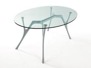 Pegaso, Mesa ovalada en aluminio con tapa de cristal para salas de estar