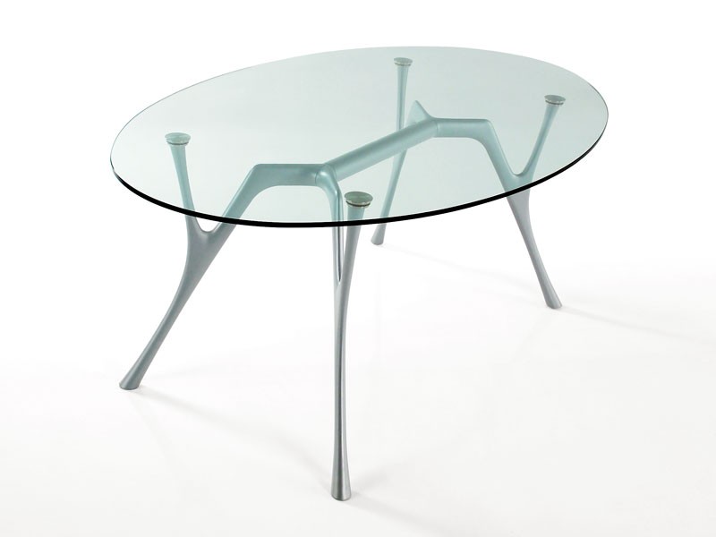 Pegaso, Mesa ovalada en aluminio con tapa de cristal para salas de estar
