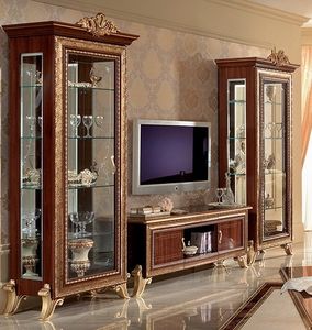 Giotto mueble de televisin 02, Mueble de televisin clsico con vitrina lateral, con decoraciones de oro