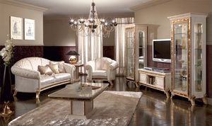 Raffaello soporte de la TV, Lujo tv stand, lacado blanco perla con adornos de oro