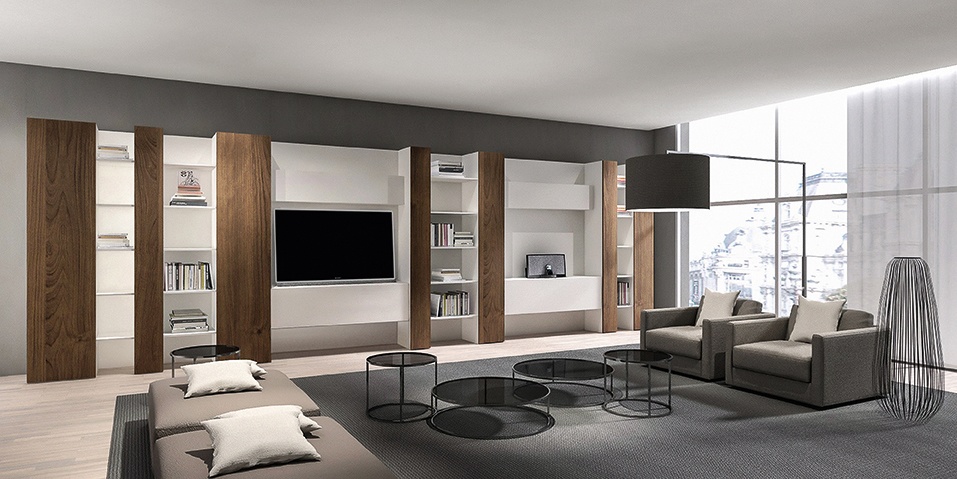 Biblioteca moderna sala de estar, con TV móvil y estantes | IDFdesign
