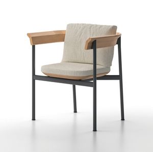 ERMES, Silla apilable de aluminio con reposabrazos, con respaldo de teca