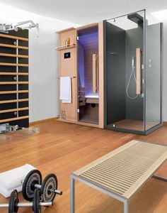 Cuna Shower, Sauna lineal, en madera y vidrio, para el balneario