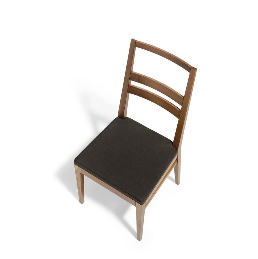 DENISE, Silla de madera lineal, asiento tapizado